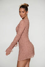 Chic Embellished Wrap Over A-Line Mini Dress in Beige