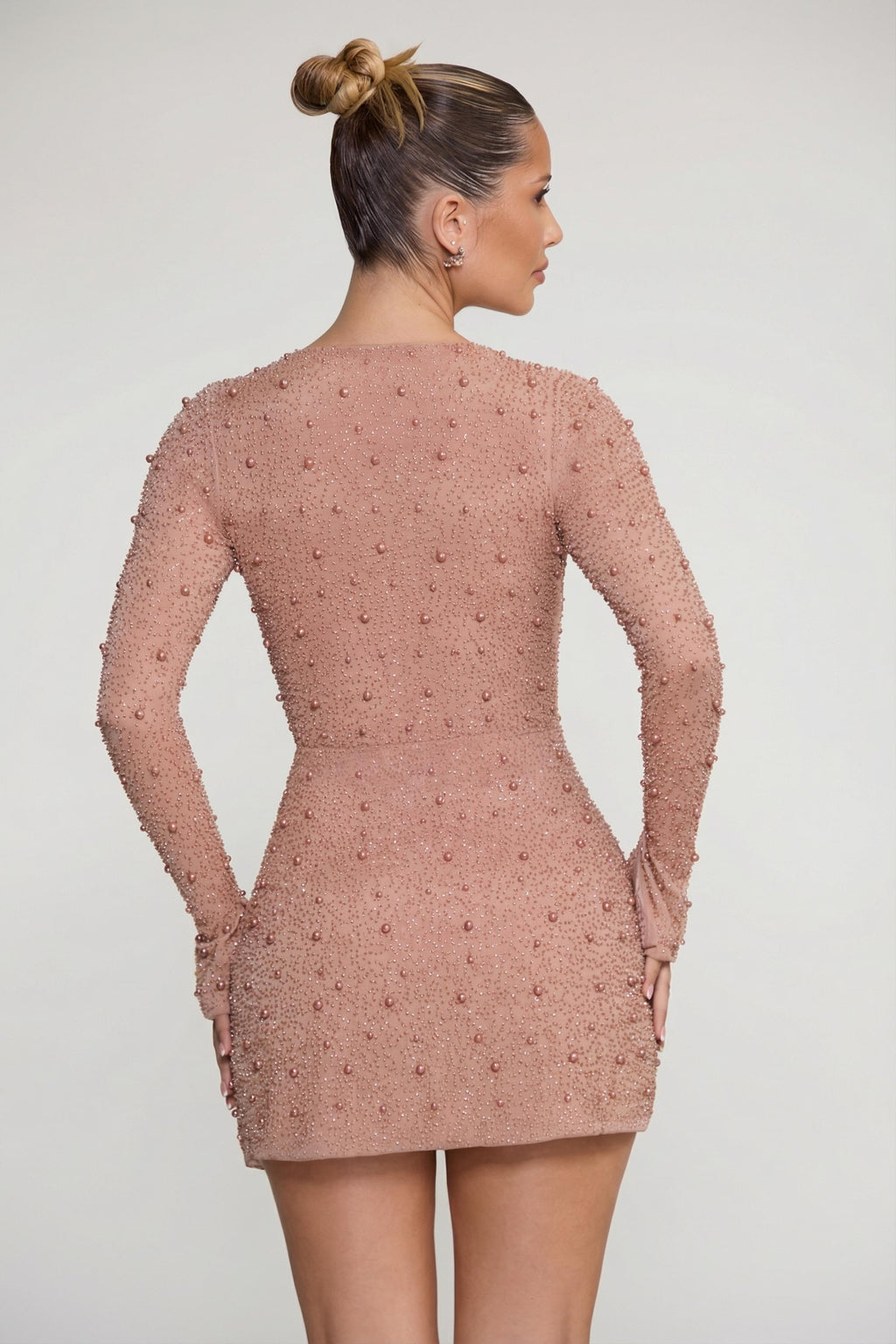 Chic Embellished Wrap Over A-Line Mini Dress in Beige
