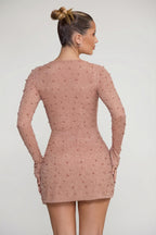 Chic Embellished Wrap Over A-Line Mini Dress in Beige