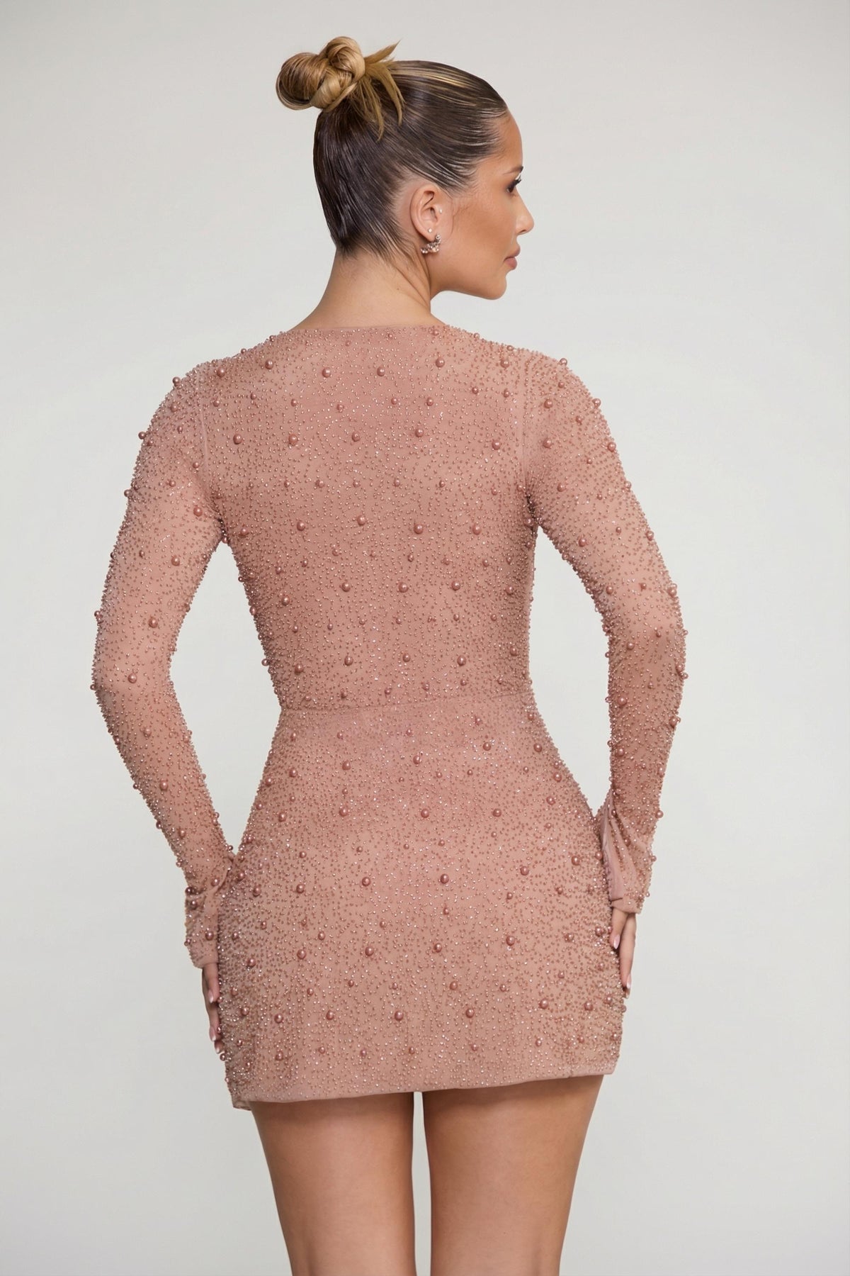 Chic Embellished Wrap Over A-Line Mini Dress in Beige