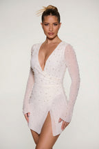 Chic Embellished Wrap Over A-Line Mini Dress in Ivory
