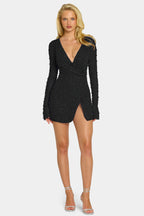 Chic Embellished Wrap Over A-Line Mini Dress in Black