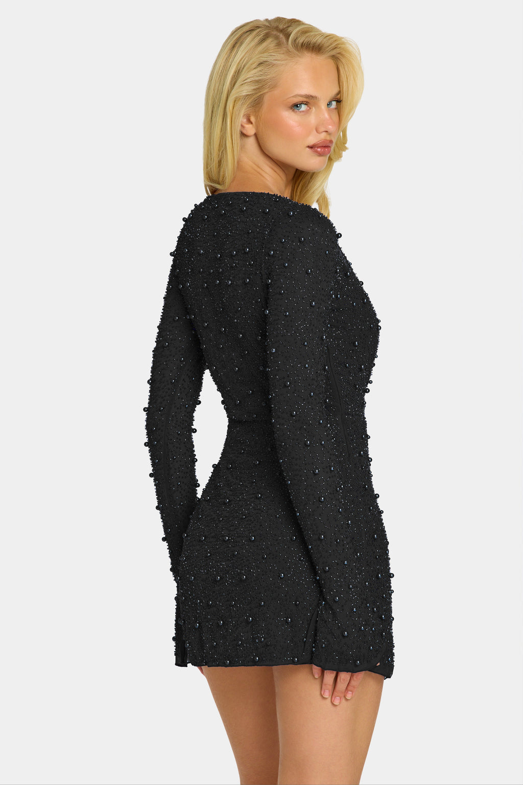 Chic Embellished Wrap Over A-Line Mini Dress in Black