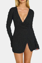 Chic Embellished Wrap Over A-Line Mini Dress in Black