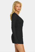Chic Embellished Wrap Over A-Line Mini Dress in Black