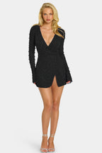 Chic Embellished Wrap Over A-Line Mini Dress in Black