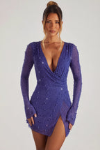 Chic Embellished Wrap Over A-Line Mini Dress in Sapphire