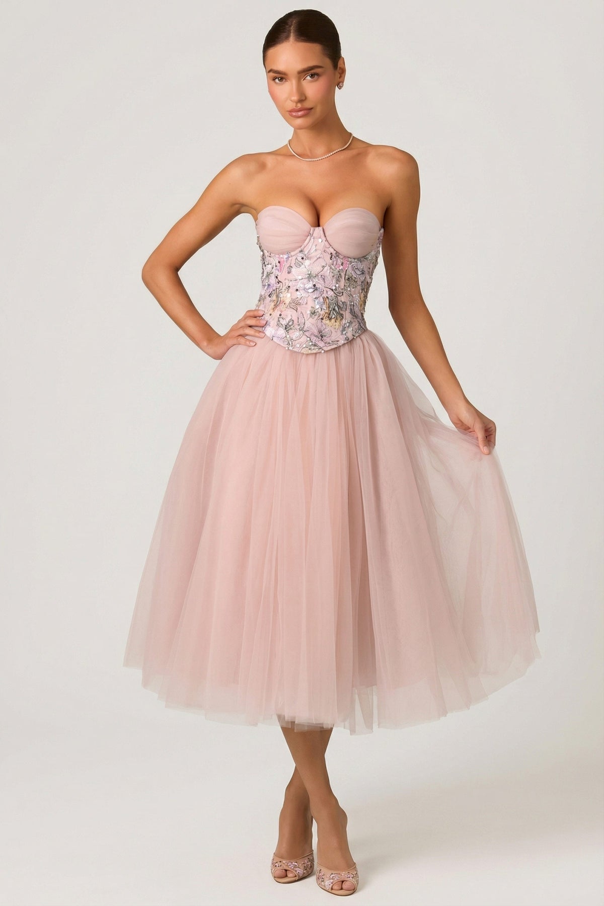 Chic Tulle Corset Midaxi Dress in Dusty Rose