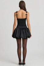 Chic Bow-Detail Ruched Bubble Hem Mini Dress in Black