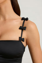 Chic Bow-Detail Ruched Bubble Hem Mini Dress in Black