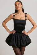 Chic Bow-Detail Ruched Bubble Hem Mini Dress in Black