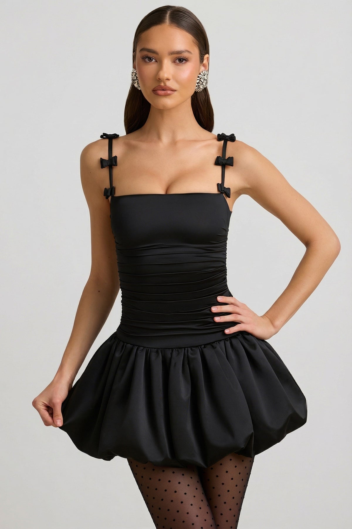 Chic Bow-Detail Ruched Bubble Hem Mini Dress in Black