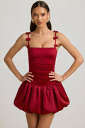 Chic Bow-Detail Ruched Bubble Hem Mini Dress in True Red