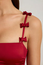 Chic Bow-Detail Ruched Bubble Hem Mini Dress in True Red