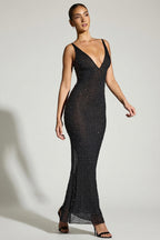 Chic Embellished Plunge Neck Evening Gown in Black