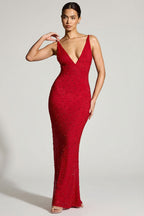 Chic Embellished Plunge Neck Evening Gown in Red
