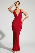 Chic Embellished Plunge Neck Evening Gown in Red