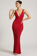 Chic Embellished Plunge Neck Evening Gown in Red