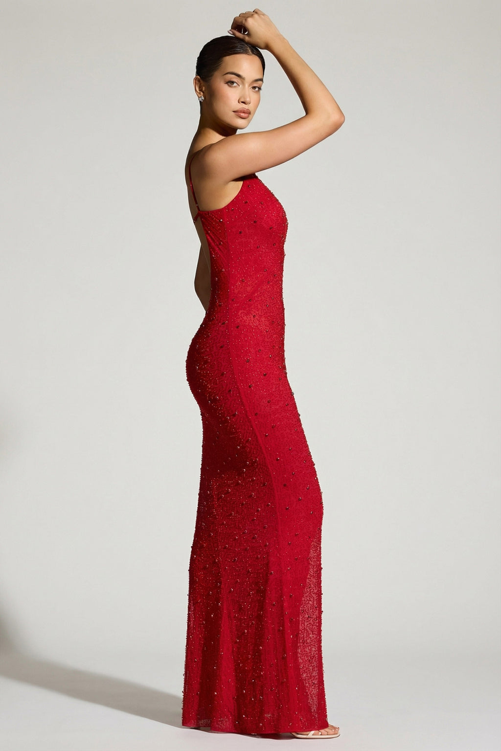 Chic Embellished Plunge Neck Evening Gown in Red