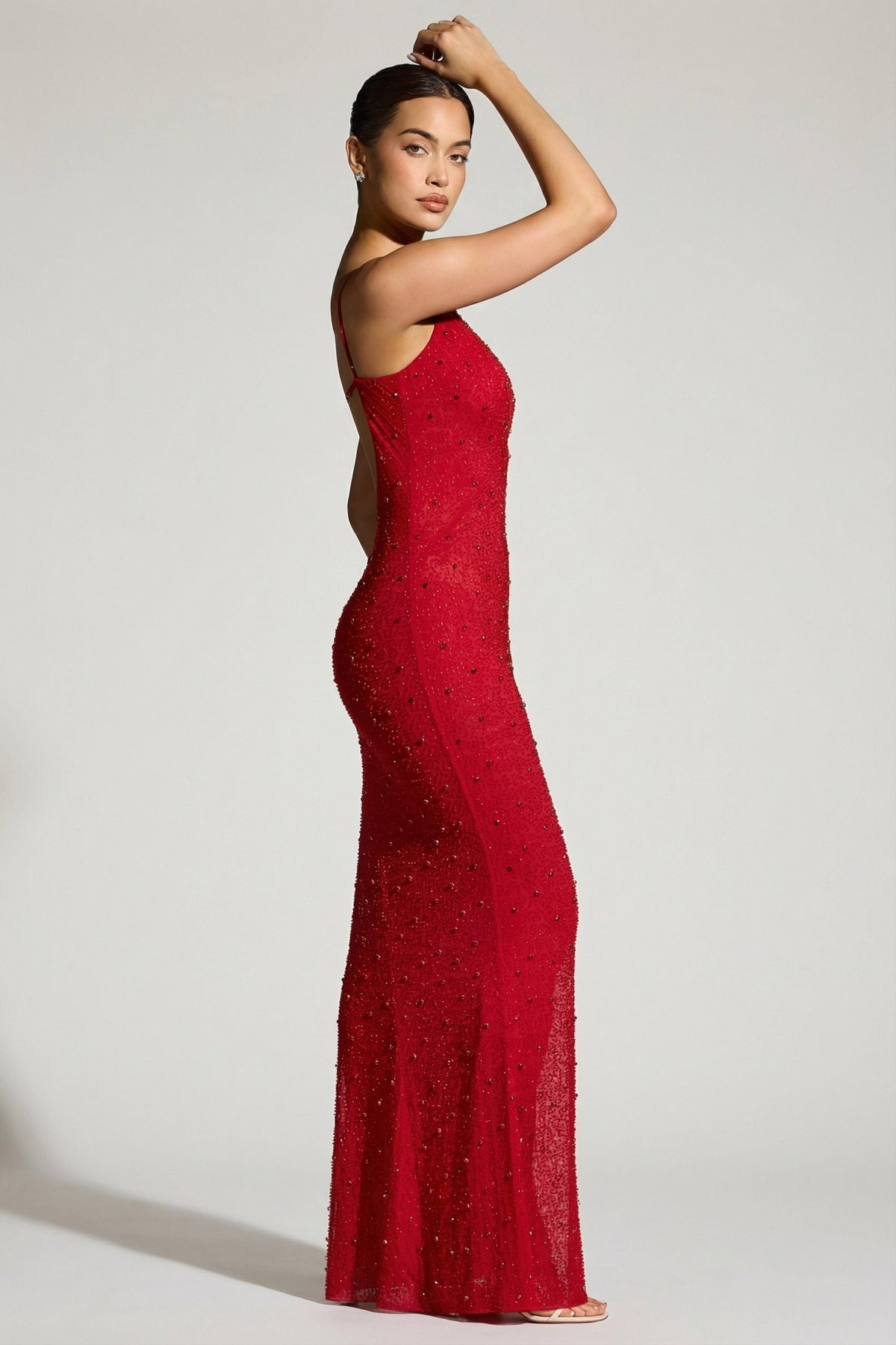 Chic Embellished Plunge Neck Evening Gown in Red
