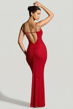 Chic Embellished Plunge Neck Evening Gown in Red