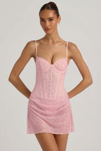 Chic Semi-Sheer Embellished Draped Corset Mini Dress in Pink