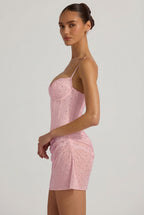 Chic Semi-Sheer Embellished Draped Corset Mini Dress in Pink