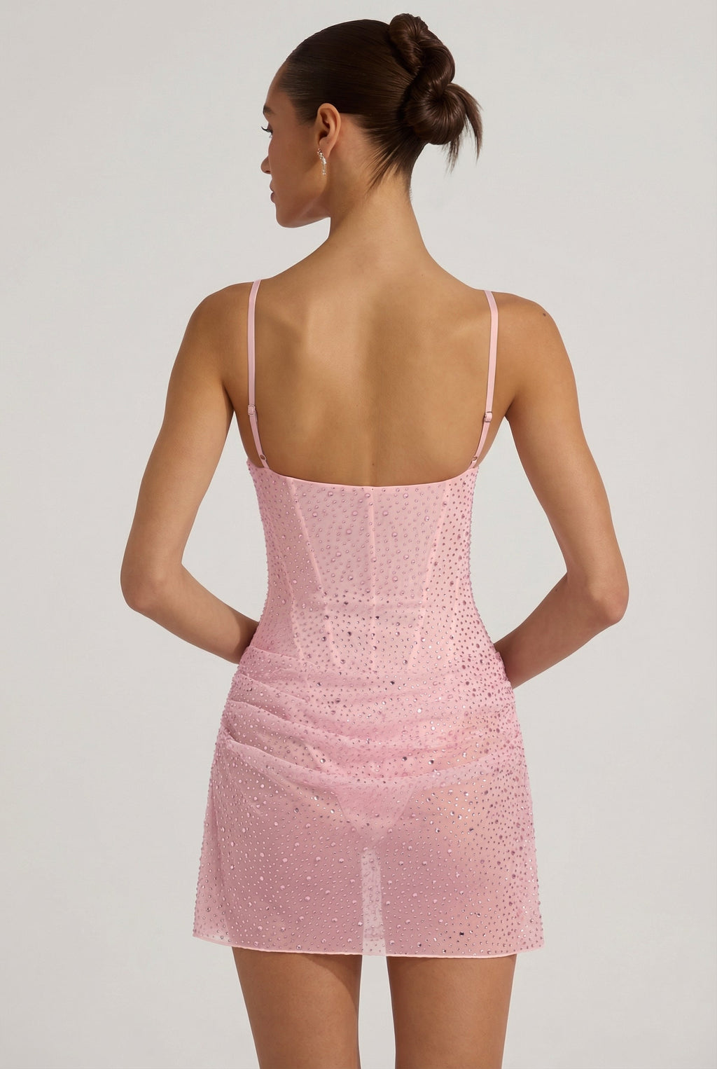 Chic Semi-Sheer Embellished Draped Corset Mini Dress in Pink