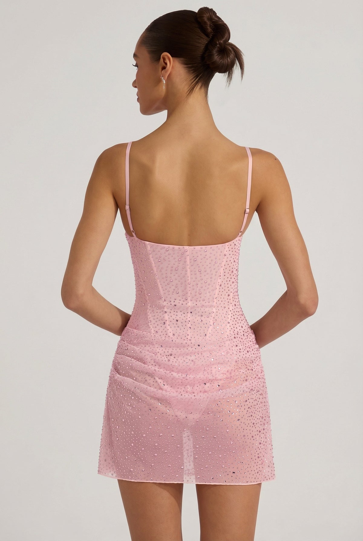 Chic Semi-Sheer Embellished Draped Corset Mini Dress in Pink