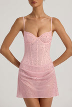 Chic Semi-Sheer Embellished Draped Corset Mini Dress in Pink