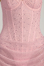 Chic Semi-Sheer Embellished Draped Corset Mini Dress in Pink