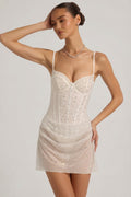 Chic Semi-Sheer Embellished Draped Corset Mini Dress in White