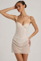 Chic Semi-Sheer Embellished Draped Corset Mini Dress in White