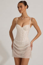 Chic Semi-Sheer Embellished Draped Corset Mini Dress in White