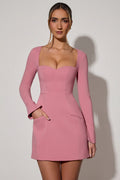 Chic Sweetheart-Neck Long-Sleeve A-Line Mini Dress in Dusty Pink
