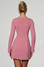 Chic Sweetheart-Neck Long-Sleeve A-Line Mini Dress in Dusty Pink