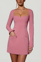 Chic Sweetheart-Neck Long-Sleeve A-Line Mini Dress in Dusty Pink