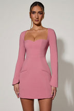 Chic Sweetheart-Neck Long-Sleeve A-Line Mini Dress in Dusty Pink