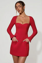 Chic Sweetheart-Neck Long-Sleeve A-Line Mini Dress in Red
