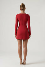Chic Sweetheart-Neck Long-Sleeve A-Line Mini Dress in Red