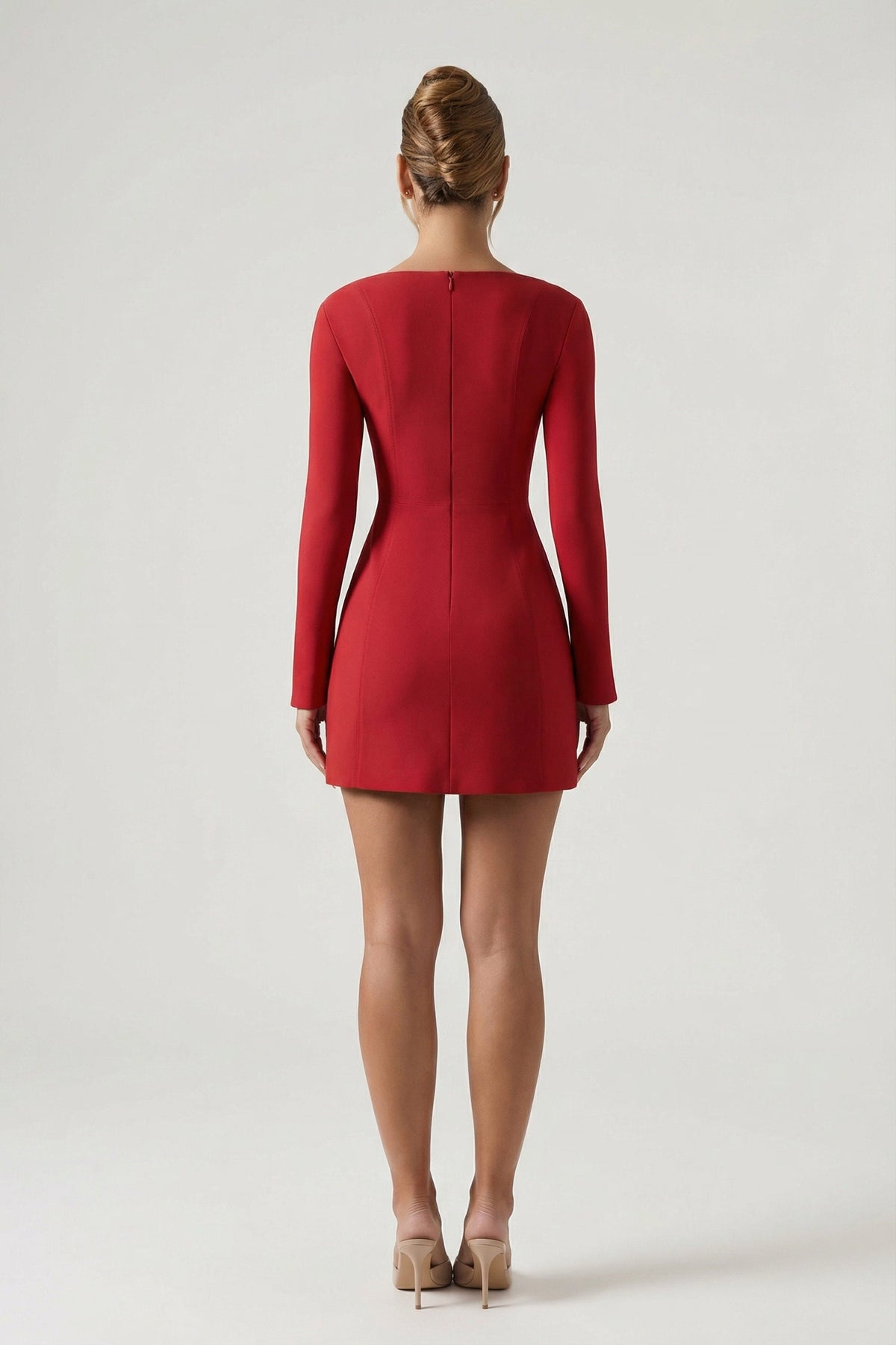 Chic Sweetheart-Neck Long-Sleeve A-Line Mini Dress in Red