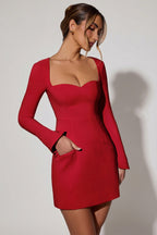 Chic Sweetheart-Neck Long-Sleeve A-Line Mini Dress in Red