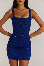 Chic Embellished Square-Neck Mini Dress in Cobalt Blue