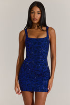 Chic Embellished Square-Neck Mini Dress in Cobalt Blue
