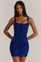 Chic Embellished Square-Neck Mini Dress in Cobalt Blue