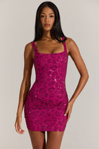 Chic Embellished Square-Neck Mini Dress in Fuchsia Pink