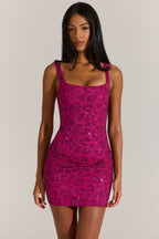 Chic Embellished Square-Neck Mini Dress in Fuchsia Pink