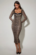 Chic Layered Bra-Detail Ruched Midaxi Dress in Leopard Print
