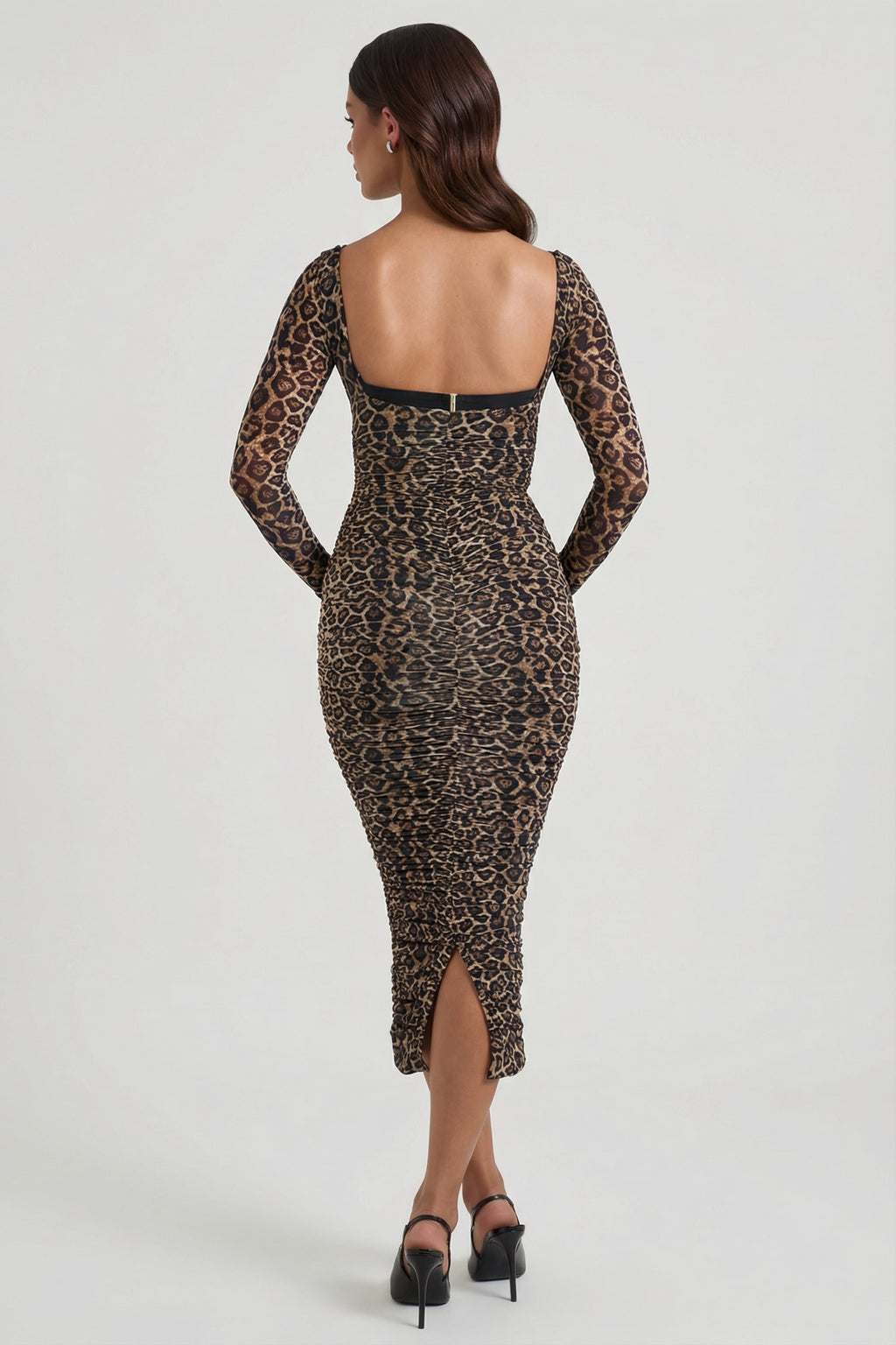 Chic Layered Bra-Detail Ruched Midaxi Dress in Leopard Print