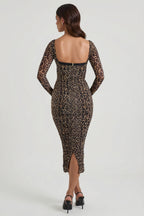 Chic Layered Bra-Detail Ruched Midaxi Dress in Leopard Print